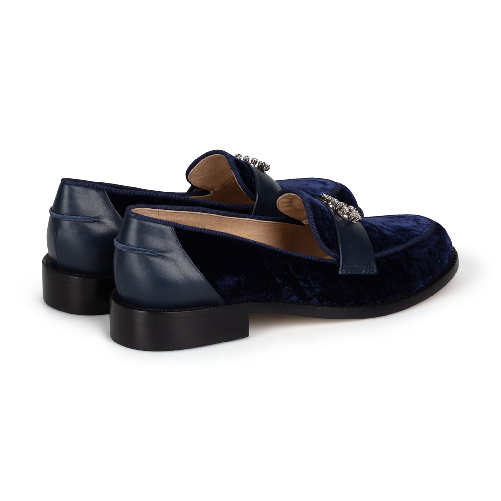 Womens blue navy velvet and leather penny loafers with crystals 